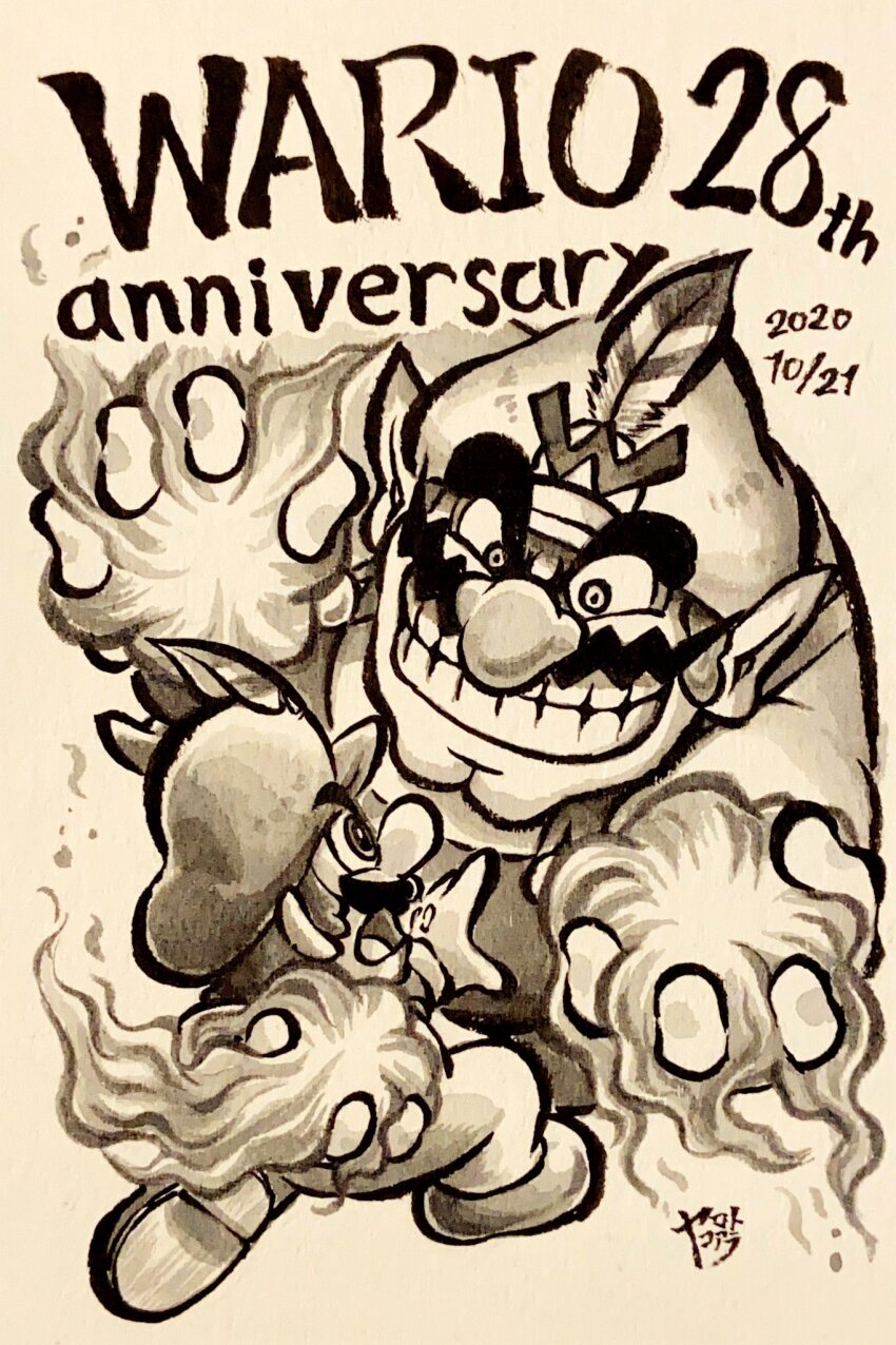2boys anniversary big_nose buttons newsboy_cap commentary_request dated double_chin english_text facial_hair fighting fire frown gloves greyscale hat hat_feather highres ink_(medium) long_sleeves looking_at_another mario mario_(series) monochrome multiple_boys muscular muscular_male mustache nintendo open_mouth overalls pointy_ears pyrokinesis shoes short_hair signature smile super_mario_land_2 teeth thick_eyebrows traditional_media v-shaped_eyebrows wario yamato_koara