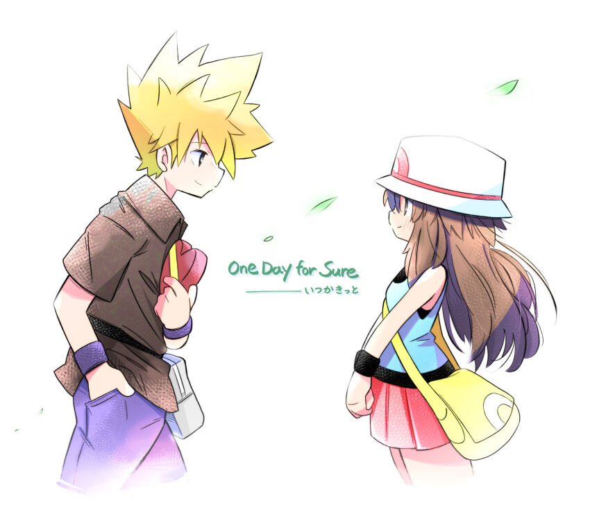 1boy 1girl black_shirt blue_oak blue_shirt brown_hair closed_mouth english_text hat hetero highres leaf_(pokemon) long_hair looking_at_another mixed-language_text nintendo pants pokemon pokemon_frlg purple_pants rascal_(feuille) red_skirt shirt skirt sleeveless sleeveless_shirt smile spiked_hair translation_request valentine white_background white_hat wristband yellow_bag