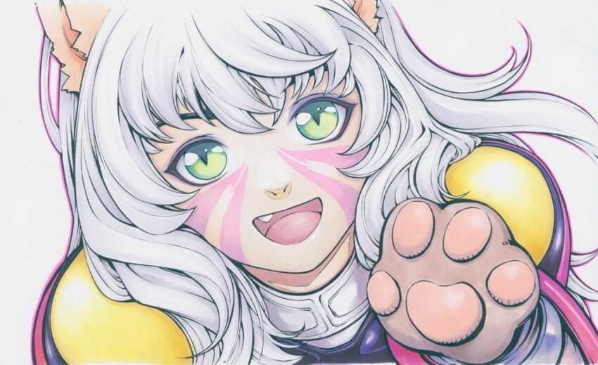 1girl andy_seto animal_ears animal_hands armor cat_ears chinese_commentary commentary_request cyber_weapon_z eyebrows_hidden_by_hair facial_mark fang gloves green_eyes marker_(medium) mismatched_eyebrows outline paw_gloves portrait rosaland_(cyber_weapon_z) shoulder_armor solo traditional_media white_hair