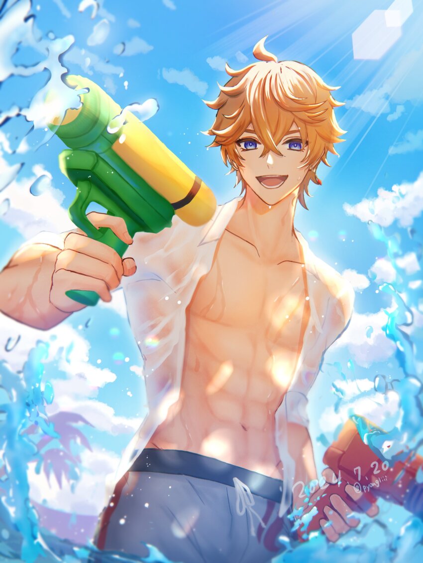 1boy absurdres beach blue_eyes blue_sky earrings genshin_impact grey_male_swimwear hair_between_eyes highres holding holding_water_gun jewelry looking_at_viewer male_focus male_swimwear mask mask_on_head muscular muscular_male navel ocean open_clothes open_mouth open_shirt orange_hair pyongli shirt short_hair single_earring sky solo splashing stomach tartaglia_(genshin_impact) water water_gun wet white_shirt