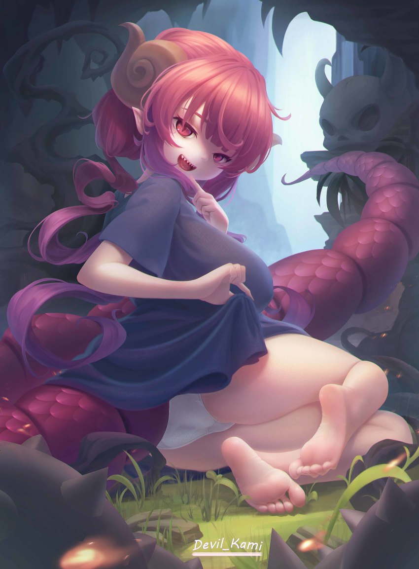1girl :d absurdres arm_up barefoot black_shirt breasts cave daxieshen_huashi dragon_girl dragon_horns dragon_tail drill_hair feet gradient_hair grass half-closed_eyes highres horns huge_breasts ilulu_(maidragon) kneeling kobayashi-san_chi_no_maidragon large_breasts long_hair looking_at_viewer low_twintails mace multicolored_hair no_pants on_one_knee open_mouth outdoors oversized_clothes panties pointy_ears purple_hair red_eyes red_hair seductive_smile sharp_teeth shirt shortstack sidelocks sitting skull slit_pupils smile soles solo spikes tail teeth toes twintails underwear weapon white_panties