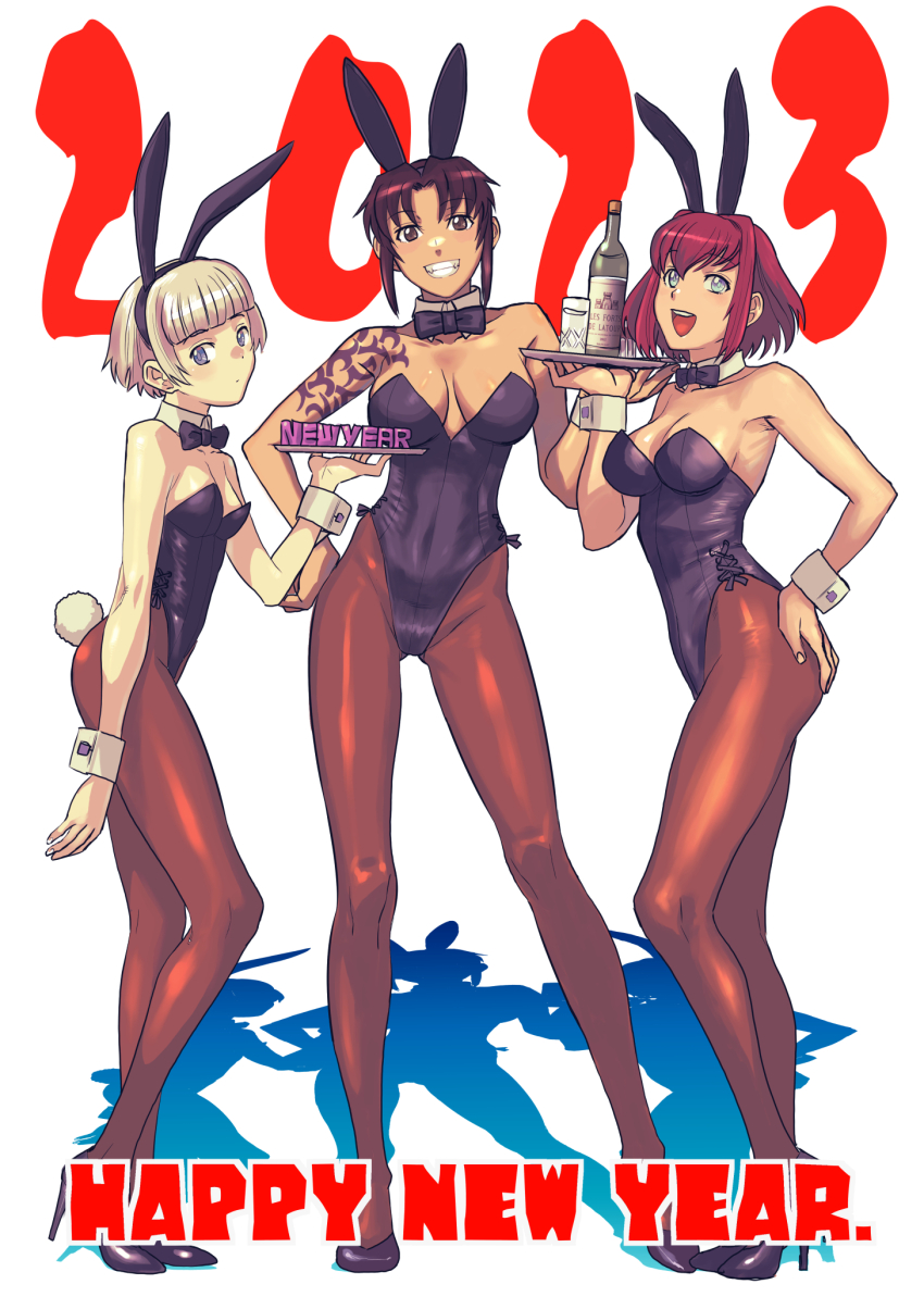2023 341_sentoudan 3girls :d alternate_costume animal_ears arm_at_side bare_arms bare_shoulders black_bow black_bowtie black_lagoon black_leotard blunt_bangs bow bowtie breasts brown_eyes brown_hair brown_pantyhose cleavage clenched_teeth commentary_request covered_navel creator_connection detached_collar ermina_shaumaher fake_animal_ears fake_tail full_body grin hair_between_eyes hand_on_own_hip happy happy_new_year high_heels highres hiroe_rei large_breasts leotard looking_at_viewer medium_breasts meteora_osterreich multiple_girls new_year open_mouth pantyhose playboy_bunny ponytail rabbit_ears rabbit_tail re:creators red_hair revy_(black_lagoon) shadow short_hair small_breasts smile standing strapless strapless_leotard swept_bangs tail tattoo teeth upper_teeth_only white_background white_hair wrist_cuffs