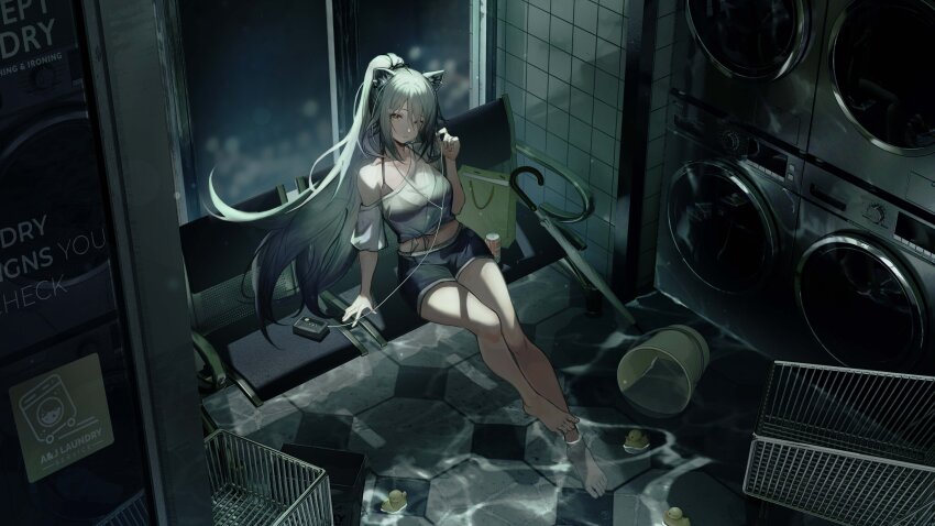 1girl absurdres animal_ears arknights arm_support bag barefoot bikini black_bikini bucket can cat_ears chair commentary crop_top earphones from_above grey_hair hair_over_one_eye halterneck highres indoors laundromat long_hair looking_at_viewer manche5ter midriff night off_shoulder ponytail rubber_duck schwarz_(arknights) shopping_bag shopping_cart sitting solo swimsuit umbrella wading washing_machine water window yellow_eyes