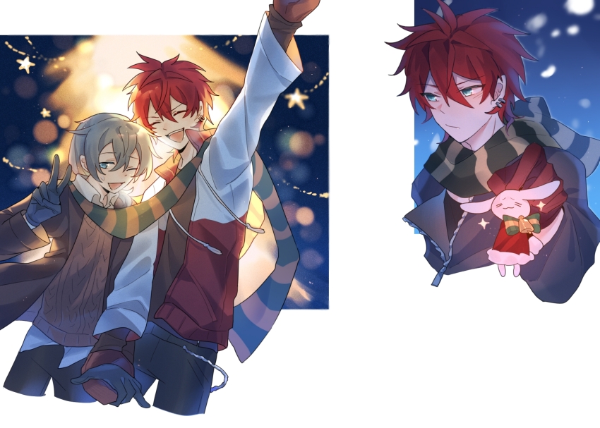 2boys :/ ;d ^_^ amagi_rinne aqua_eyes arm_up black_gloves black_jacket black_pants brown_sweater cable_knit chinese_commentary christmas_tree closed_eyes closed_mouth collared_shirt commentary_request earclip ensemble_stars! gloves grey_hair highres jacket male_focus multiple_boys one_eye_closed open_clothes open_jacket open_mouth pants red_gloves red_jacket scarf shared_clothes shared_scarf shiina_niki shirt short_hair smile star_(symbol) sweater teeth tie_fei_wu_mang_dashuai two-tone_scarf upper_teeth_only v v-shaped_eyebrows white_shirt winter_clothes zipper