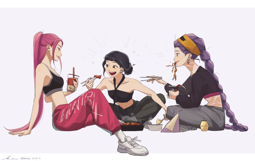 3girls bare_arms bare_shoulders black_bra body_markings bra braid brown_eyes chopsticks closed_mouth collarbone crop_top cup cup_ramen demon_girl disposable_cup double_bun eating food friends from_side hair_bun hair_up happy headband high_ponytail highres holding holding_chopsticks holding_cup korean_commentary kpop_demon_hunters leaning_back leaning_forward leaning_to_the_side light_smile long_braid long_hair long_sleeves looking_at_another looking_to_the_side looking_up mira_(kpop_demon_hunters) multiple_girls navel noodles pants parted_bangs pink_lips ponytail purple_background purple_hair red_hair red_pants rumi_(kpop_demon_hunters) shade shoes short_bangs simple_background single_braid sitting sleeveless smile spiderbbac stomach tan underwear white_shoes zoey_(kpop_demon_hunters)