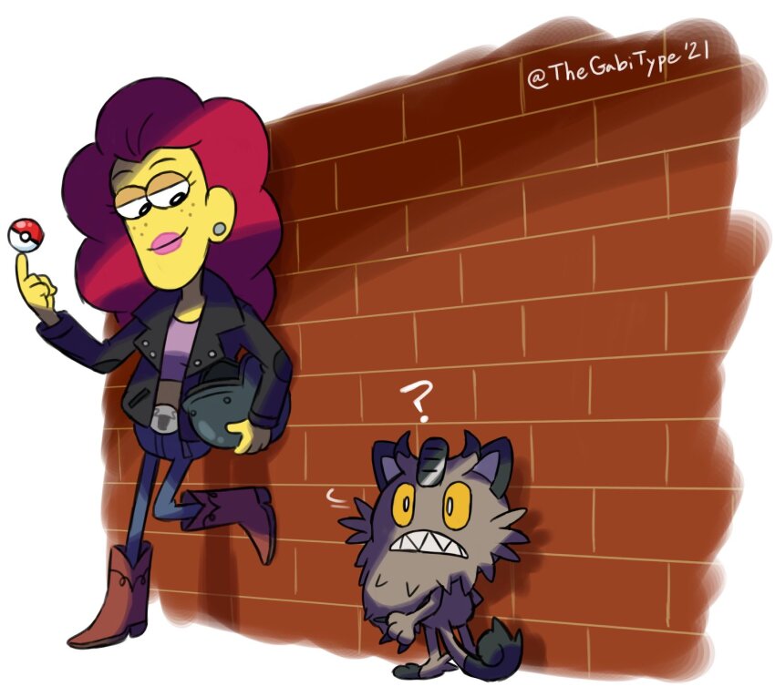 1girl ? belt big_city_greens biker_clothes boots brick_wall city claws cowboy_boots crop_top denim earrings freckles galarian_form galarian_meowth gen_8_pokemon grey_fur helmet highres holding holding_poke_ball horns jeans jewelry motorcycle_helmet nancy nintendo pants pink_lips poke_ball poke_ball_(basic) pokemon red_hair whiskers