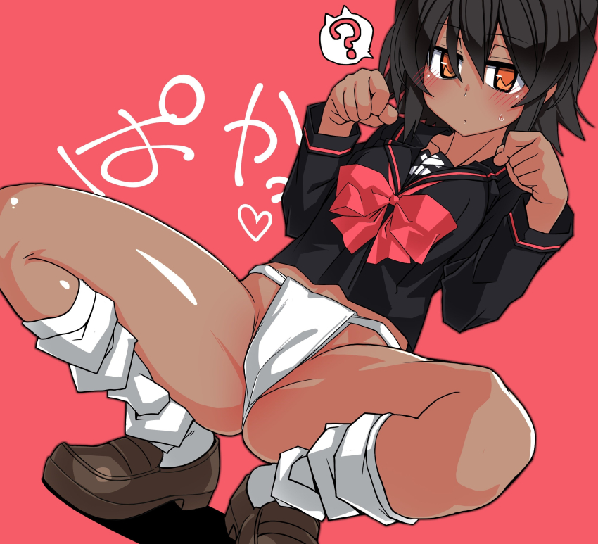 1girl ? absurdres ass black_hair blush breasts dark-skinned_female dark_skin dutch_angle fundoshi highres japanese_clothes kagari_rukako kneehighs loafers looking_at_viewer loose_socks medium_breasts orange_eyes original oteruko_(wanabeee) paw_pose school_uniform serafuku shoes short_hair socks solo spoken_question_mark spread_legs squatting sweatdrop white_socks