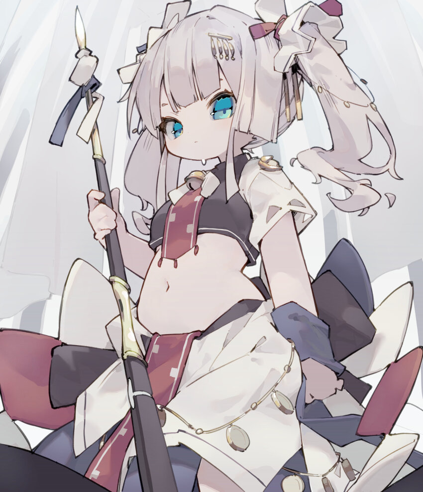 1girl absurdres bell black_shirt blue_eyes bow bowtie breasts closed_mouth commentary cowboy_shot crop_top dated_commentary hair_ornament highres holding holding_staff long_hair navel neck_bell nep_(nep_76) original shirt short_sleeves small_breasts solo staff sweat symbol-only_commentary twintails white_bow white_bowtie white_hair