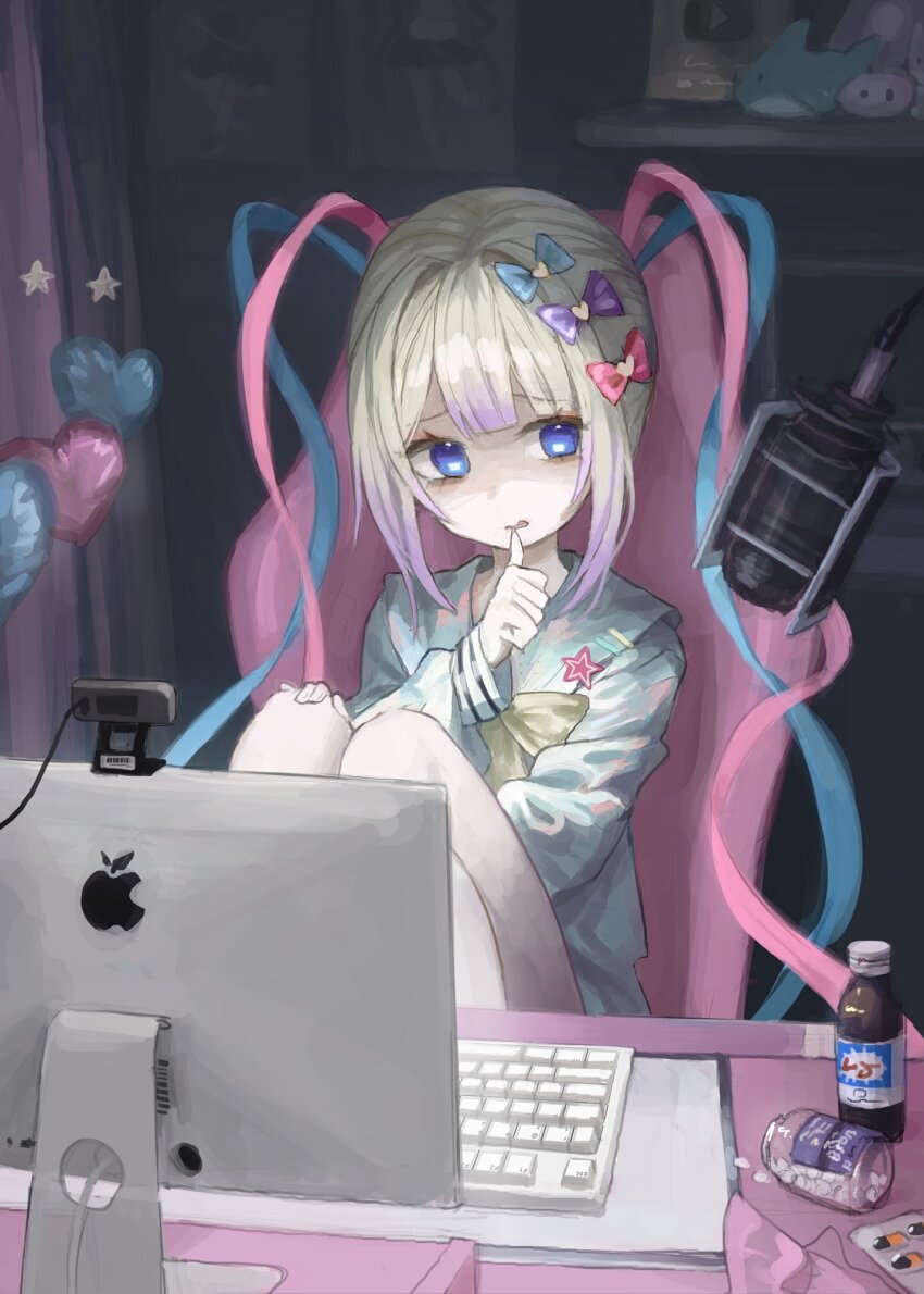 1girl balloon bare_legs biting biting_own_thumb blue_bow blue_eyes blue_hair blue_sailor_collar blue_serafuku bow bowtie chair chouzetsusaikawa_tenshi-chan computer computer_keyboard curtains dark desk dot_nose drugs frown gaming_chair gradient_hair hair_bow hand_on_own_knee heart_balloon highres indoors knees_up long_hair long_sleeves looking_to_the_side meherora microphone multicolored_hair multiple_hair_bows needy_girl_overdose pale_skin parted_lips pill pink_bow pink_hair purple_bow purple_hair sailor_collar scared school_uniform serafuku shelf sitting solo star_(symbol) stuffed_animal stuffed_toy swivel_chair tapestry twintails very_long_hair white_hair yellow_bow yellow_bowtie