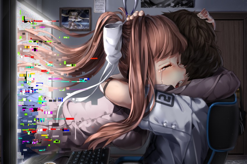 1boy 1girl blouse blue_skirt bow breasts brown_hair chair closed_eyes coffee coffee_mug commentary computer crying cup doki_doki_literature_club door drawing_(object) faceless faceless_male fourth_wall glitch grey_jacket hair_bow hair_ornament hand_on_another&#039;s_head hetero highres hug indoors jacket computer_keyboard long_hair making-of_available medal medium_breasts monika_(doki_doki_literature_club) monitor mug office_chair open_mouth picture_frame ponytail sasoura school_uniform shirt sidelocks sitting skirt sobbing spoilers swivel_chair tagme tears teeth through_medium through_screen upper_teeth_only white_bow white_shirt
