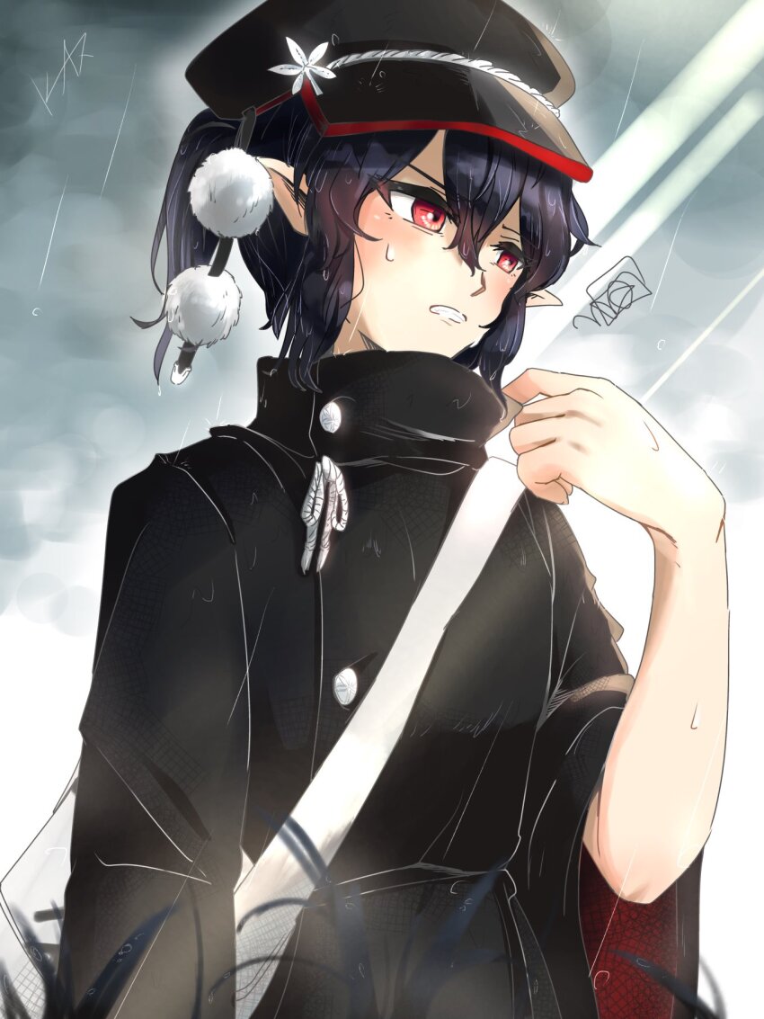 1girl bag black_coat black_hair black_hat coat commentary_request flat_cap flat_chest hat highres konton_hakusai lotus_eaters messenger_bag newsboy_cap official_alternate_costume pointy_ears pom_pom_(clothes) rain raincoat red_eyes shameimaru_aya short_hair shoulder_bag solo tassel touhou upper_body