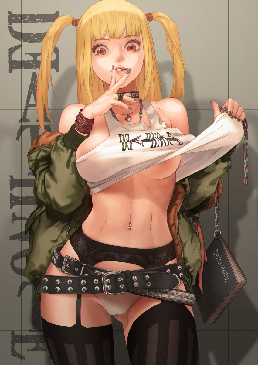 1girl absurdres amane_misa belt black_belt black_nails black_thighhighs blonde_hair breasts chain collar crop_top death_note death_note_(object) garter_belt green_jacket grin highres jacket jewelry looking_at_viewer mingyaochan navel navel_piercing necklace notebook piercing red_eyes ring smile solo teeth thighhighs twintails