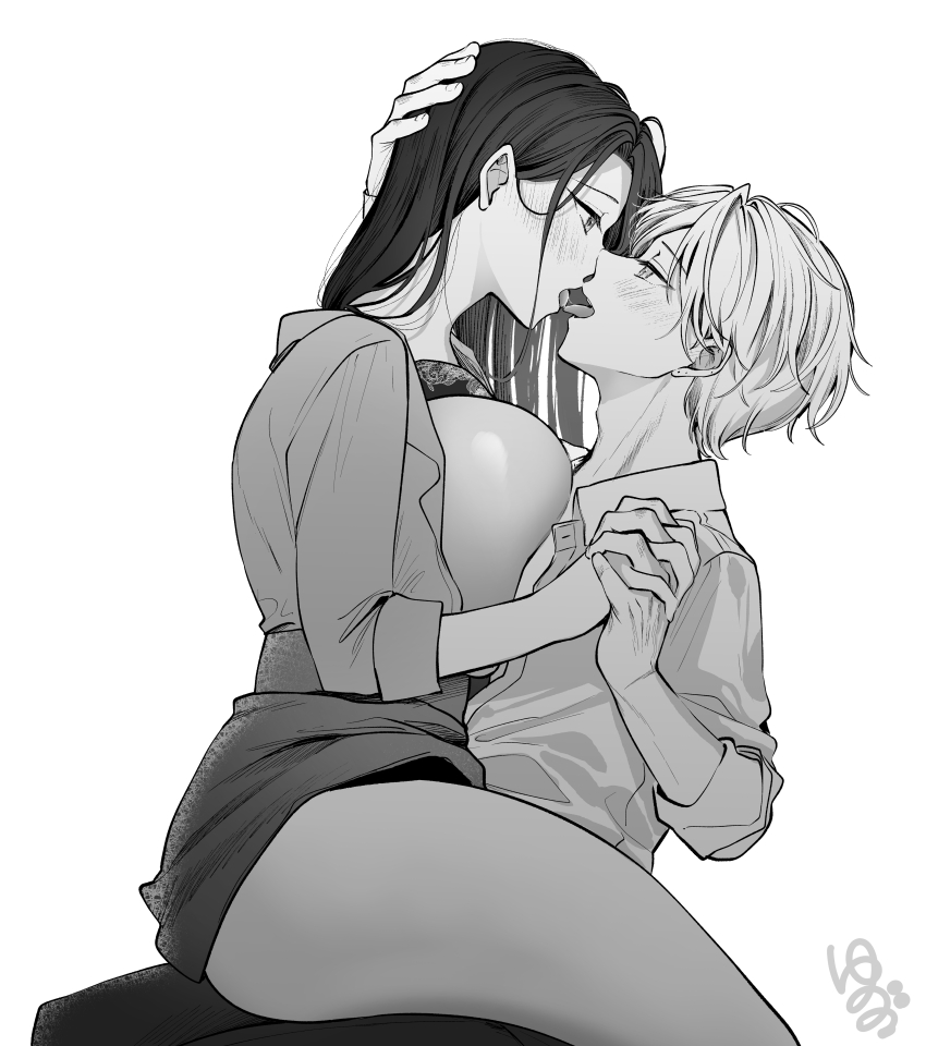 1boy 1girl absurdres asuma_mitsuya_(yunamaro) blush bra bra_lift breasts collared_shirt french_kiss from_side greyscale hand_on_another&#039;s_head highres holding_hands interlocked_fingers kiss large_breasts long_hair monochrome open_clothes open_shirt original pants shirt short_hair sitting sitting_on_person skirt underwear yaotome_tsuyako_(yunamaro) yunamaro