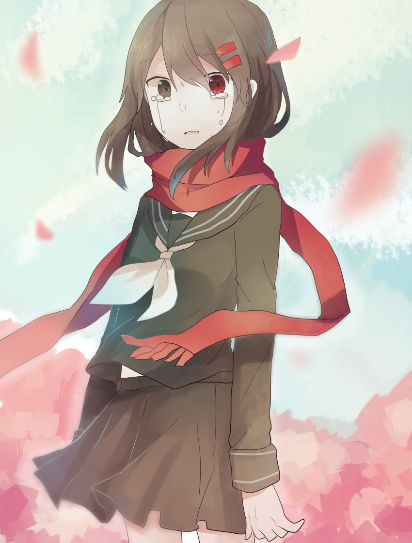 1girl absurdres ajirui cherry_blossoms crying crying_with_eyes_open highres kagerou_project scarf solo tateyama_ayano tears