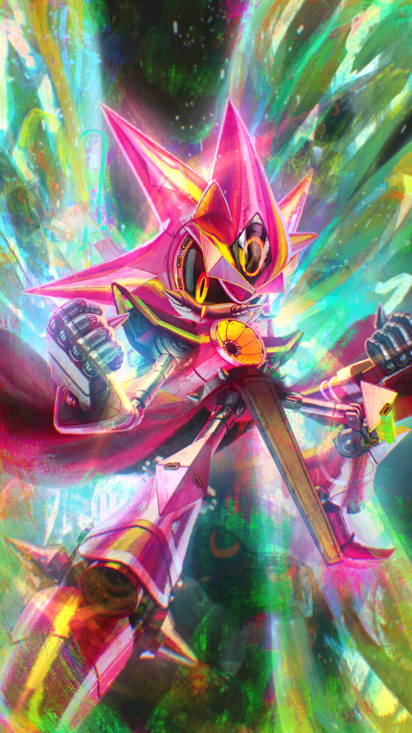 1boy abstract_background absurdres armor black_sclera bootleg_metal_sonic_plush cape clenched_hands colored_sclera colorful commentary energy english_commentary fighting_stance foreshortening from_below full_body glowing glowing_eyes hedgehog_boy highres humanoid_robot jet_boots joints lazerpotaters looking_at_viewer male_focus metal_sonic neo_metal_sonic no_mouth pauldrons robot robot_joints science_fiction shoulder_armor sonic_(series) sonic_the_hedgehog_(idw) super_neo_metal_sonic third_eye when_you_see_it