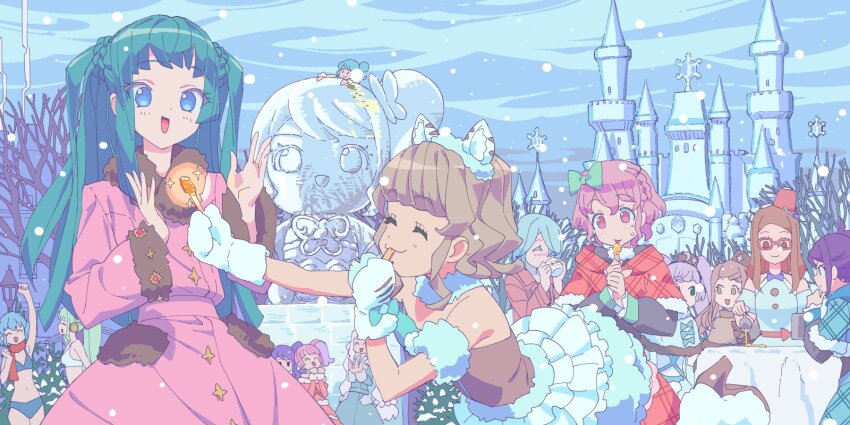 1boy 6+girls :d akai_meganee animal_ears bikini blue_bikini blue_eyes blunt_bangs blunt_ends bow brown_hair castle cat_ears closed_eyes coat dorothy_west dress ehime_nao falala_a_larm food frilled_dress frills fur-trimmed_coat fur_trim green_bow green_hair hair_bow highres hojo_cosmo holding holding_food idol_time_pripara janis_(pripara) junon_(pripara) kanon_(pripara) kishimen_hair long_hair long_sleeves manaka_laala masunikuru mittens multiple_girls nanahoshi_aira open_mouth pink_coat pinon_(pripara) pretty_series pripara purple_hair reona_west short_hair smile snow snowing sparkle swimsuit taiyo_pepper toudou_shion tsukikawa_chili two_side_up white_mittens winter winter_clothes winter_coat
