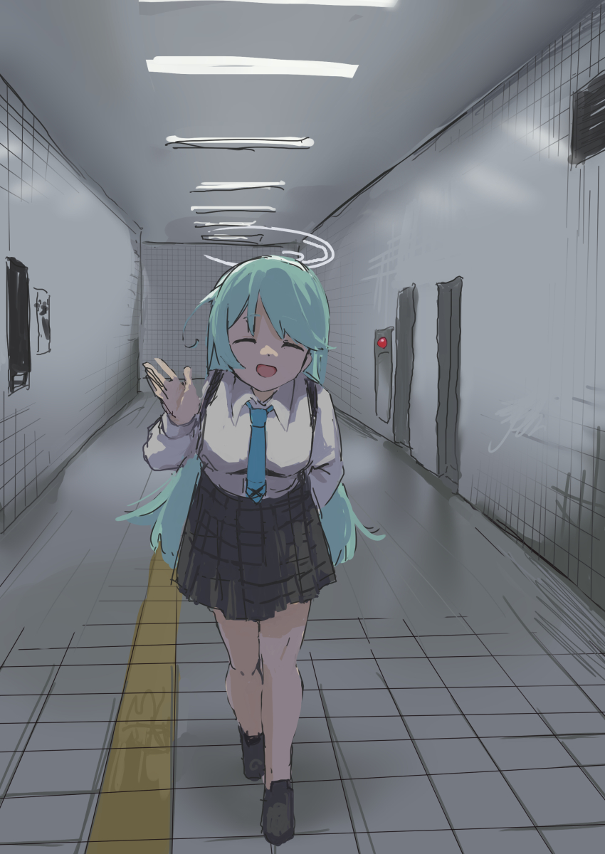 1girl absurdres aqua_hair blue_archive blue_necktie ceiling ceiling_light closed_mouth facing_viewer hallway halo highres indoors leaning_forward long_hair mano_eglu necktie open_mouth pleated_skirt school_uniform shirt sketch skirt smile solo subway_station the_exit_8 tile_floor tiles walking waving white_shirt yume_(blue_archive)