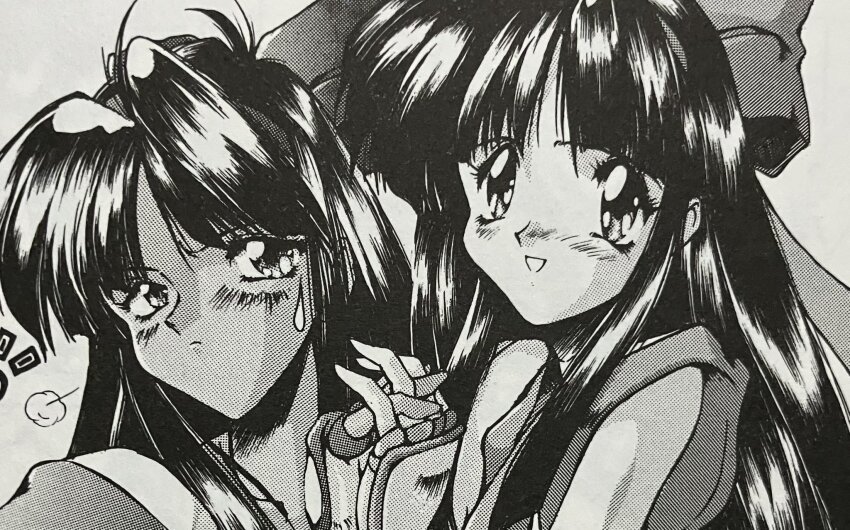 1990s_(style) 2girls ainu_clothes black_hair blush breasts dark-skinned_female dark_skin dual_persona fingerless_gloves gloves highres holding_hands long_hair monochrome multiple_girls murasaki_nakoruru nakoruru open_mouth retro_artstyle samurai_spirits small_breasts smile snk sweatdrop tongue traditional_media