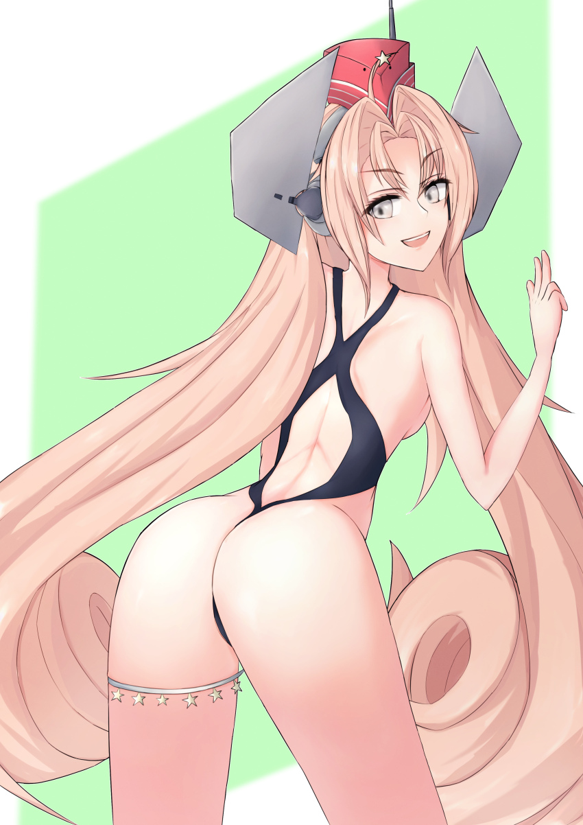 1girl absurdres ass ax-el black_one-piece_swimsuit commentary_request drum_(kancolle) from_behind garrison_cap grey_eyes hair_intakes hair_rings hat headgear highres kantai_collection leaning_forward long_hair looking_at_viewer looking_back one-piece_swimsuit pink_hair red_hat solo swimsuit v very_long_hair