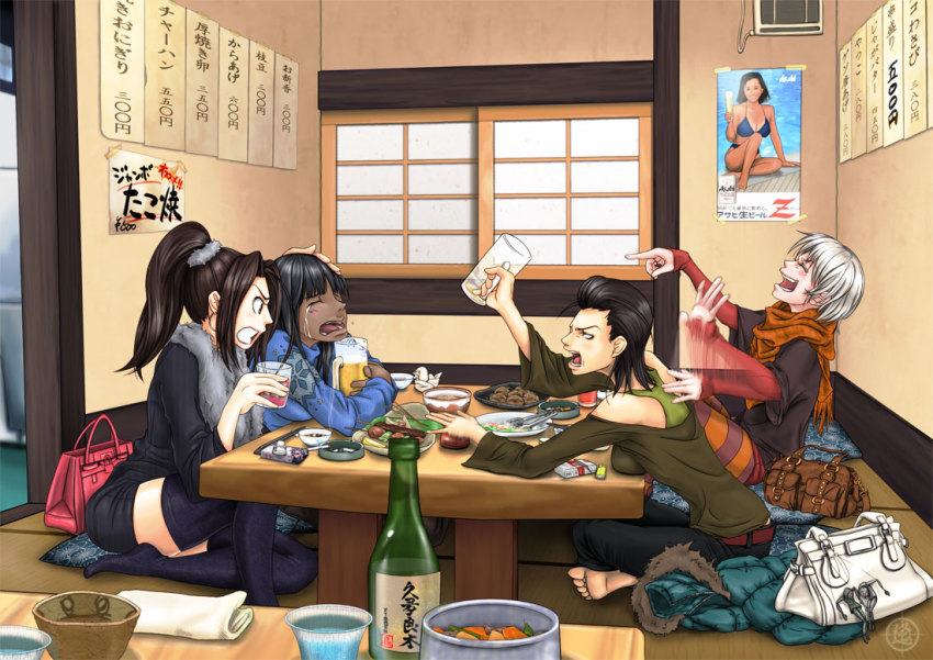 4girls alcohol angry ashtray bag barefoot beer bikini black_hair black_legwear bottle bowl brown_hair bururururu character_doll cigarette closed_eyes crying_wolf cup dark-skinned_female dark_skin doll drink drinking drunk food glass hand_on_head handbag indian_style jacket laughing laughing_octopus long_hair md5_mismatch metal_gear_(series) metal_gear_solid metal_gear_solid_4:_guns_of_the_patriots miniskirt mug multiple_girls open_mouth pantyhose ponytail poster_(medium) psycho_mantis raging_raven restaurant sake_bottle scarf screaming_mantis short_hair sitting skirt striped_clothes striped_legwear striped_pantyhose swimsuit table tears the_sorrow thighhighs white_hair window