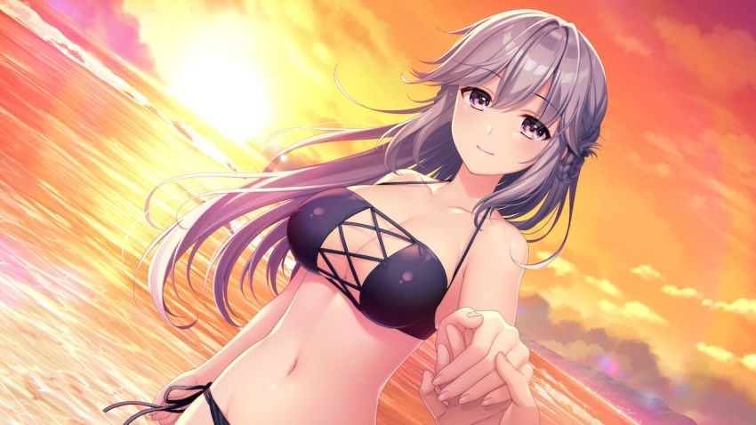 1girl alpha_(yukai_na_nakamatachi) bikini black_bikini black_ribbon blush braid breasts cleavage closed_mouth collarbone dusk dutch_angle floating_hair game_cg gradient_sky hair_between_eyes halterneck holding_hands large_breasts long_hair looking_at_viewer navel ocean orange_sky outdoors pink_eyes ribbon side-tie_bikini_bottom sky smile solo_focus sousaku_kanojo_no_renai_koushiki standing sunset swimsuit very_long_hair white_hair yukisaki_erena