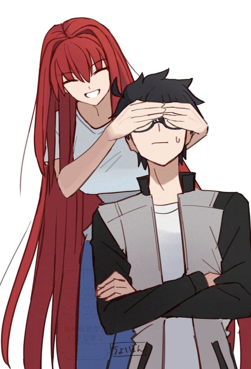 1boy 1girl aozaki_aoko black_hair blue_pants breasts covering_another&#039;s_eyes glasses highres large_breasts long_hair pants red_hair shintyoi2 shirt short_hair smile tohno_shiki tsukihime white_shirt