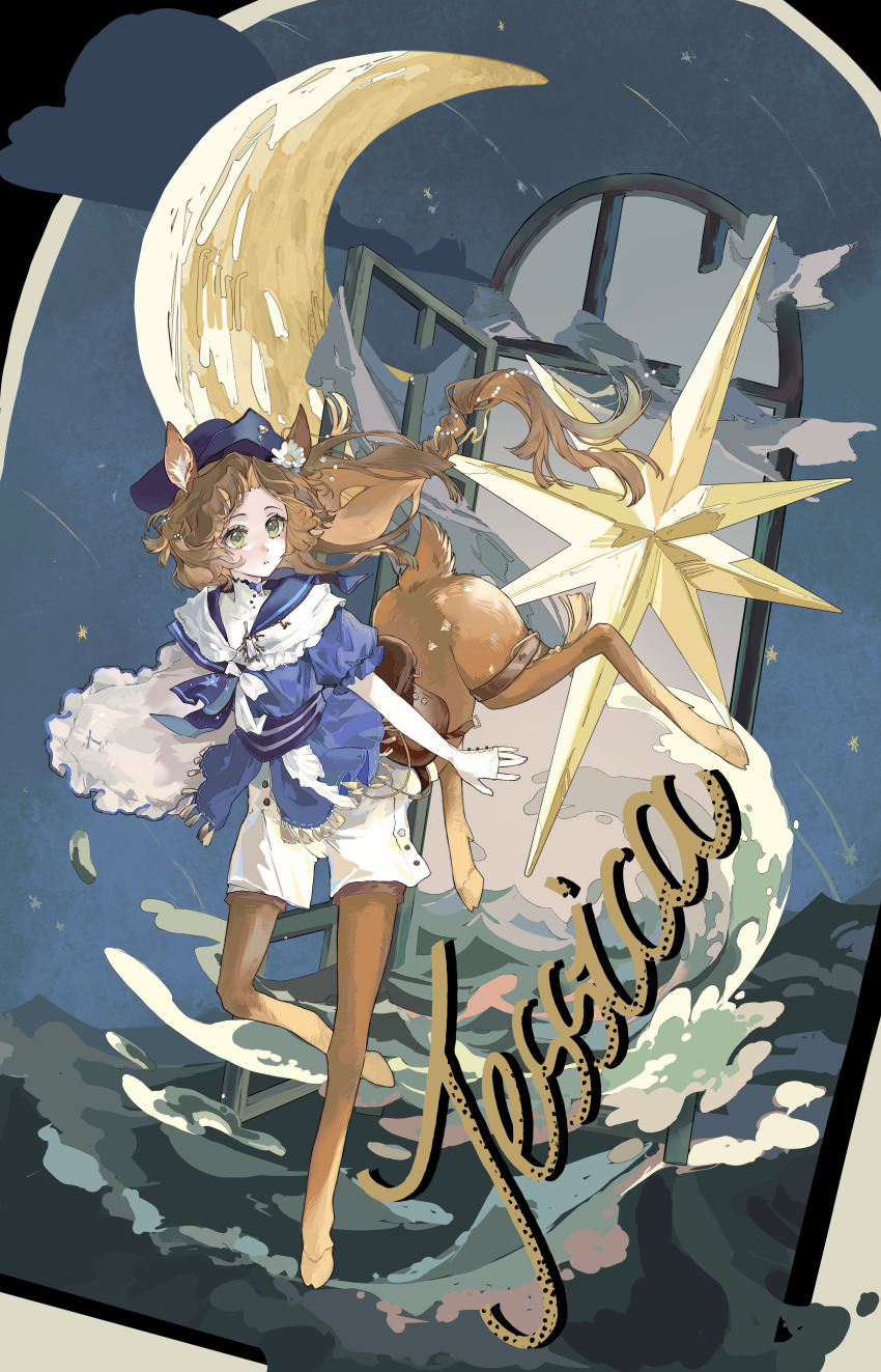 1girl absurdres animal_ears blue_background blue_hat blue_shirt centauroid character_name crescent deer_ears deer_girl deer_tail floating_hair flower full_body green_eyes hair_flower hair_ornament hat highres holding holding_pillow jessica_(reverse:1999) jessica_(voyage_from_your_bed)_(reverse:1999) layered_sleeves long_hair long_sleeves looking_to_the_side official_alternate_costume painine pillow reverse:1999 running shirt short_over_long_sleeves short_shorts short_sleeves shorts solo sparkle tail taur turning_head very_long_hair water white_shorts white_sleeves window