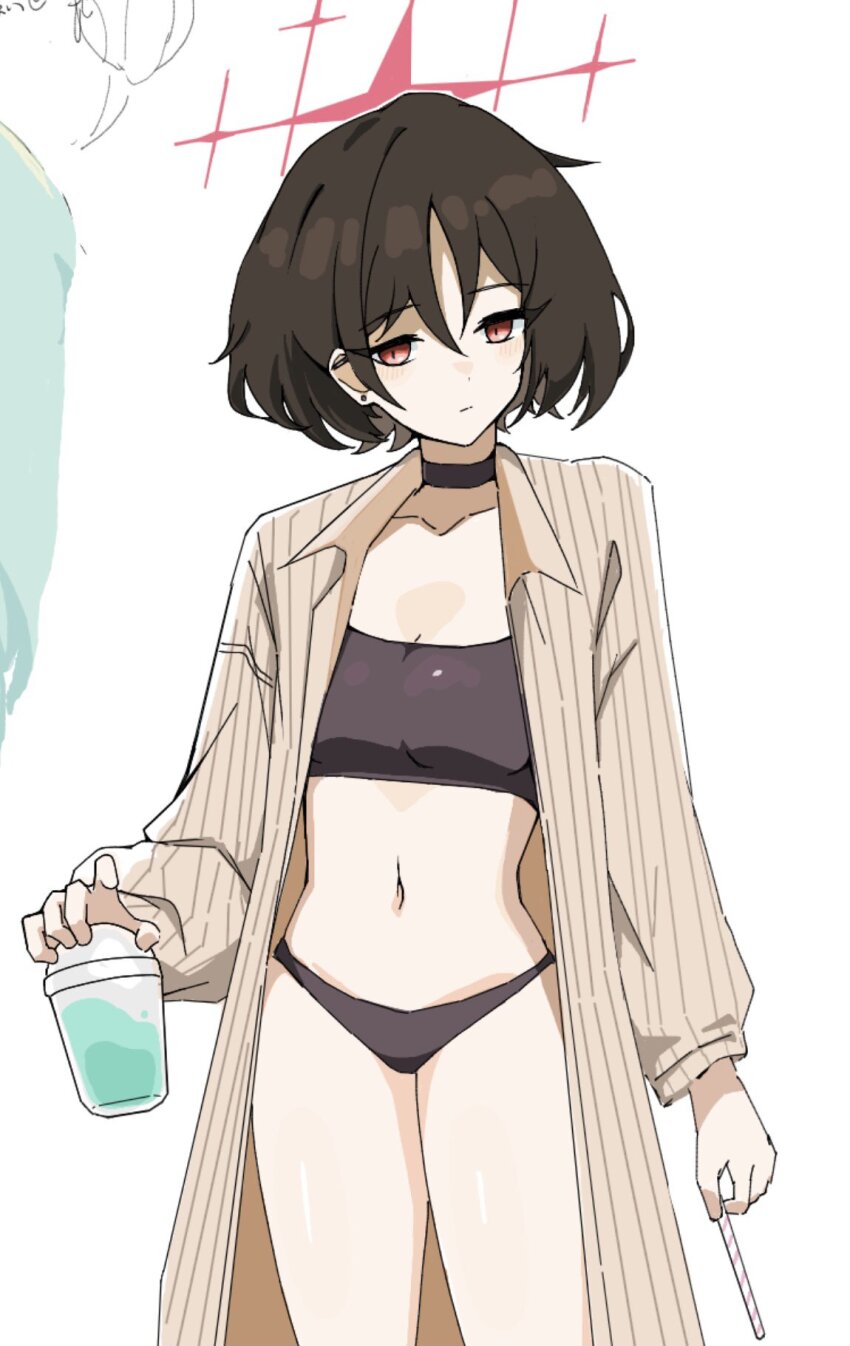 1girl barbell_piercing bikini bikini_under_clothes black_bikini blue_archive ear_piercing halo highres industrial_piercing misaki_(blue_archive) misaki_(swimsuit)_(blue_archive) navel official_alternate_costume piercing pinstripe_pattern pinstripe_shirt red_halo shirt simple_background slushie solo star_halo striped_clothes striped_shirt swimsuit uni_gyoza vertical-striped_clothes vertical-striped_shirt white_background