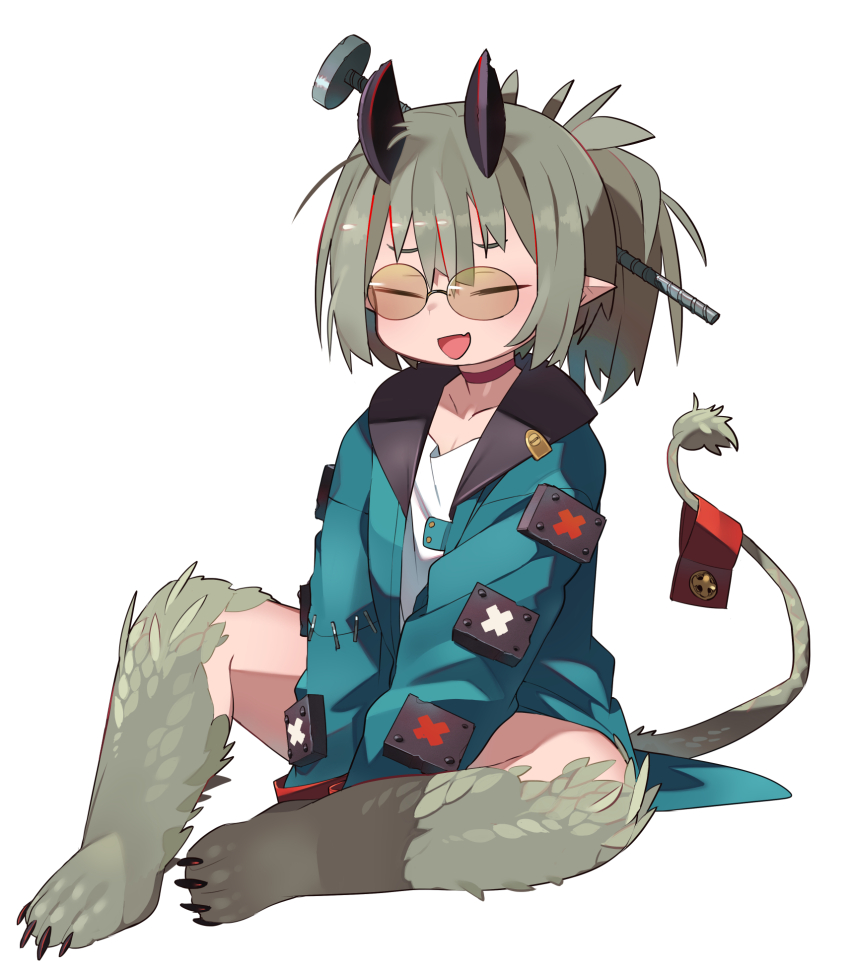 1girl :d animal_feet arms_between_legs black_horns blue_jacket blush choker closed_eyes collarbone commentary_request fang green_hair hair_ornament hair_stick highres horns jacket kometsubu long_sleeves open_clothes open_jacket open_mouth original pathfinder pointy_ears ponytail red_choker round_eyewear screw_hair_ornament shirt simple_background sitting skin_fang smile solo tiefling tinted_eyewear twintails white_background white_shirt
