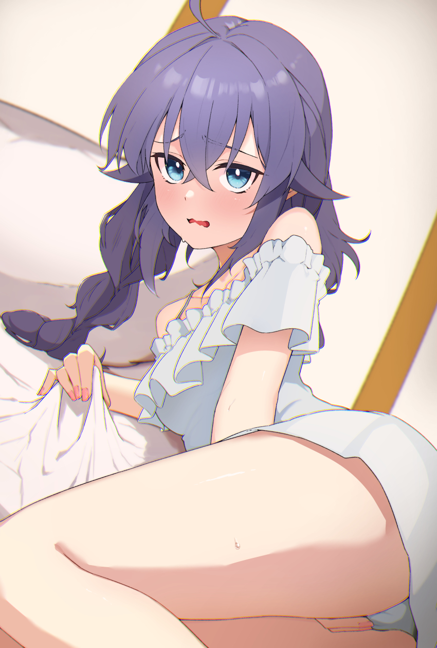 1girl absurdres ahoge bare_shoulders bed_sheet between_legs blue_eyes blue_hair braid bright_pupils chemise commentary_request crossed_bangs hand_between_legs hand_on_own_crotch highres indoors ivu_(eve0315y) long_braid long_hair looking_at_viewer lying mushoku_tensei nail_polish on_side open_mouth pink_nails roxy_migurdia sheet_grab solo thighs twin_braids very_long_hair white_chemise white_pupils