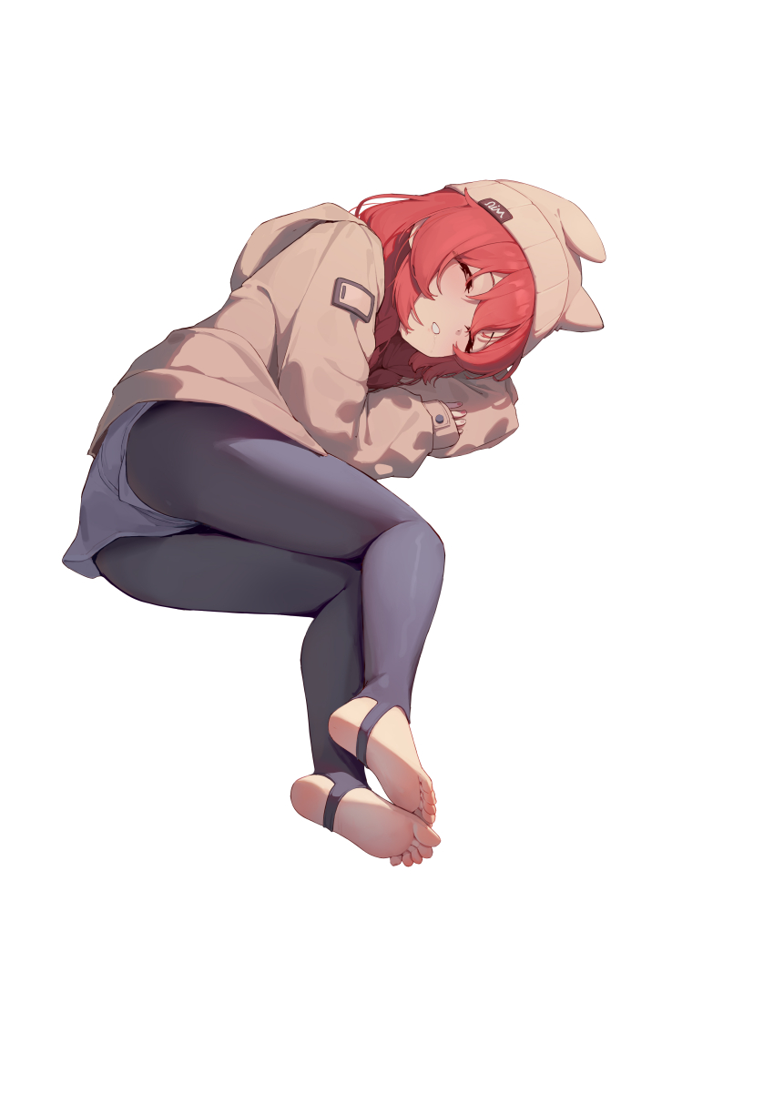 1girl absurdres barefoot beanie blue_archive closed_eyes feet hat highres liwen520 long_hair looking_at_viewer lying maki_(blue_archive) maki_(camp)_(blue_archive) on_side parted_lips red_hair sleeping soles stirrup_legwear toeless_legwear toes white_background