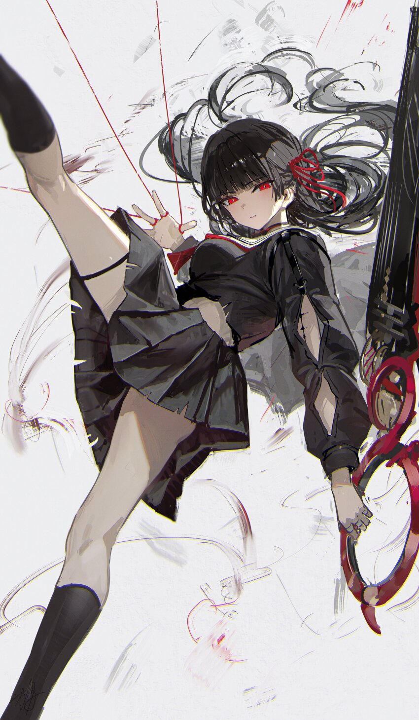 1girl absurdres arm_cutout black_hair black_shirt black_skirt breasts bright_pupils chisa_(wuthering_waves) chromatic_aberration closed_mouth commentary feet_out_of_frame hair_ribbon hand_up hidulume highres holding holding_sword holding_weapon leg_up long_hair long_sleeves looking_at_viewer medium_breasts red_eyes red_ribbon ribbon sailor_collar school_uniform serafuku shirt skirt solo sword tacet_mark_(wuthering_waves) thighs weapon white_pupils white_sailor_collar wuthering_waves