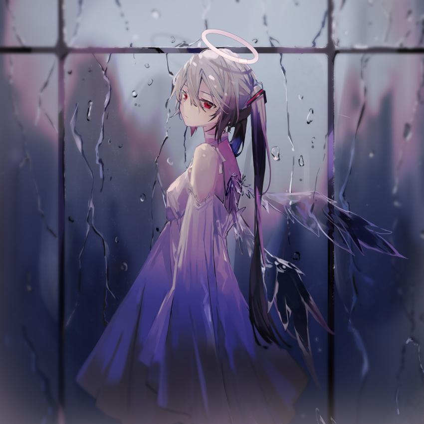 1girl albino_(vocaloid) aqua_hair bare_shoulders blurry blurry_foreground collar commentary cowboy_shot detached_sleeves dress female_focus from_side half-closed_eyes halo halter_dress halterneck hatsune_miku highres long_hair looking_at_viewer mamenomoto rain red_eyes solo traditional_halo twintails very_long_hair vocaloid water_drop white_dress white_sleeves wings