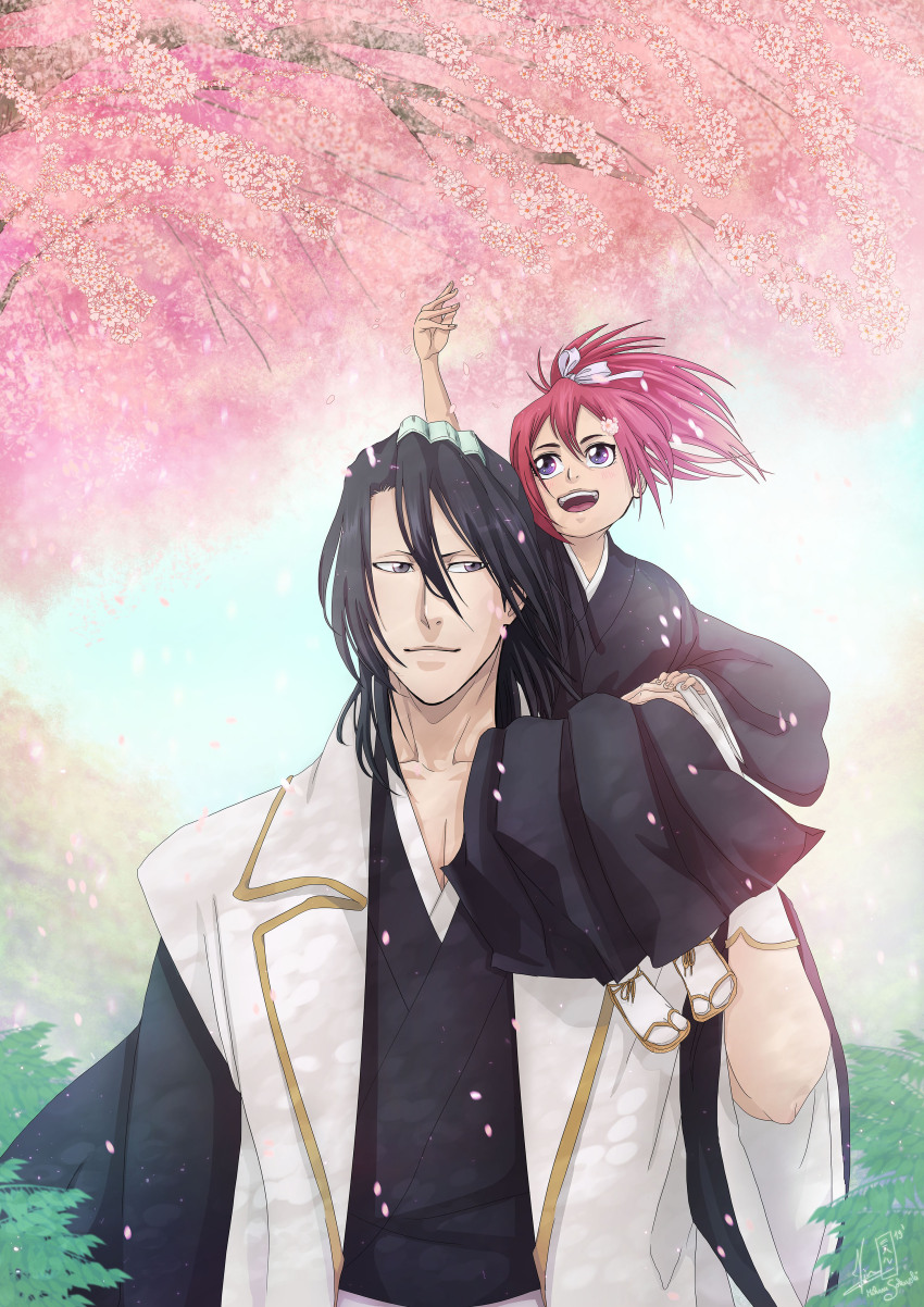 1boy 1girl abarai_ichika absurdres artist_name black_hair black_kimono bleach bleach:_epilogue carrying cherry_blossoms child close flower hair_between_eyes hair_flower hair_ornament happy highres japanese_clothes kimono kuchiki_byakuya long_hair long_sleeves miharu_sokushi open_mouth purple_eyes red_hair ribbon shihakusho shoulder_carry smile teeth upper_teeth_only white_ribbon