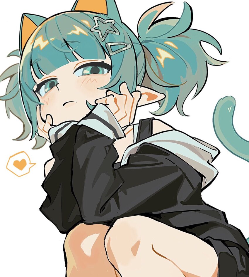 1girl animal_ear_fluff animal_ears bad_id bad_twitter_id black_jacket blue_eyes blue_hair blunt_bangs cat_ears cat_girl cat_tail closed_mouth frown hair_ornament hairclip hands_on_own_cheeks hands_on_own_face hands_up heart highres hood hood_down jacket long_hair long_sleeves looking_at_viewer off_shoulder original pointy_ears simple_background sleeves_past_wrists solo spoken_heart star_(symbol) star_hair_ornament tail twintails umipi white_background