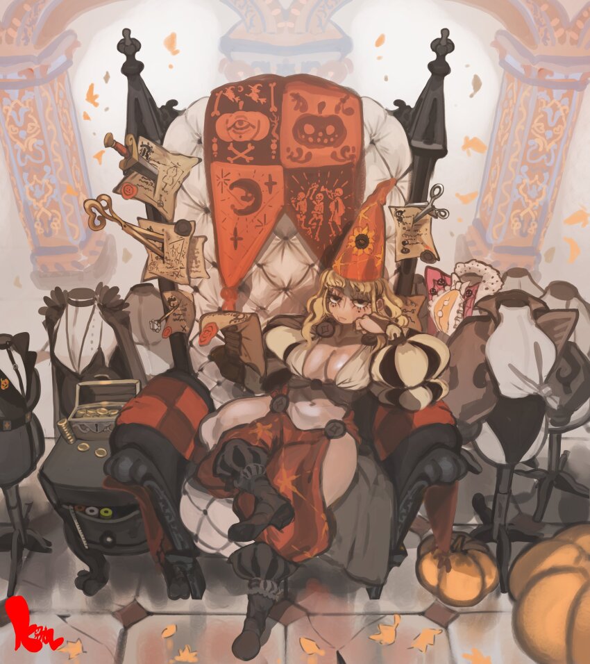 1girl absurdres alternate_costume armchair autumn_leaves baroque_(keziedra) blonde_hair boots brown_gloves chair coin crop_top crossed_legs drawer expressionless facial_mark from_above full_body gloves gold gold_coin half-closed_eyes halloween halloween_costume hand_on_own_cheek hand_on_own_face hat head_on_hand head_rest highres hip_vent holding holding_paper indoors keziedra leaf long_eyelashes long_sleeves looking_at_viewer low_neckline mannequin mark_under_both_eyes marking_on_cheek mole mole_on_cheek navel needle on_chair open_drawer orange_hat orange_pants original pants paper pillar puffy_long_sleeves puffy_sleeves pumpkin pumpkin_print scissors sewing_needle short_hair single_glove sitting solid_circle_pupils solo spool tape_measure thighs tile_floor tiles treasure_chest witch wizard_hat