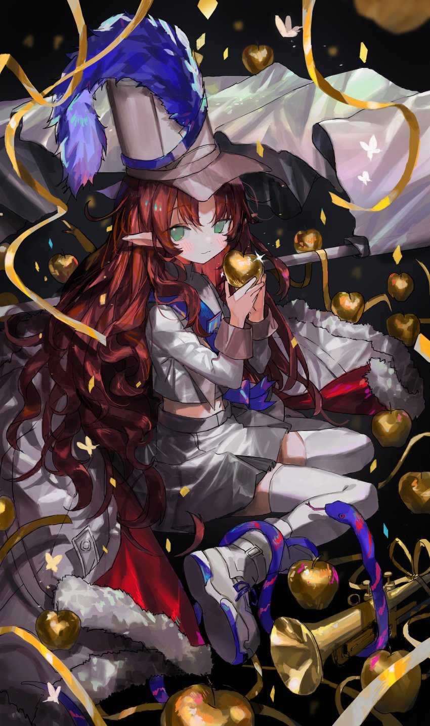 1girl absurdres ankle_boots apple arknights black_background blush boots bug butterfly closed_mouth coat confetti crop_top flag food from_side fruit frying_pan fur-trimmed_coat fur_trim golden_apple green_eyes grey_boots grey_coat grey_shirt grey_skirt grey_thighhighs hat_feather hat_ornament highres holding holding_frying_pan insect instrument long_hair long_sleeves looking_at_viewer looking_to_the_side miniskirt myrtle_(arknights) myrtle_(light_gold_celebration)_(arknights) nana_tetra navel official_alternate_costume parted_bangs pleated_skirt red_hair sash shirt simple_background sitting skirt smile solo thighhighs trumpet unworn_coat very_long_hair wariza white_headwear zettai_ryouiki