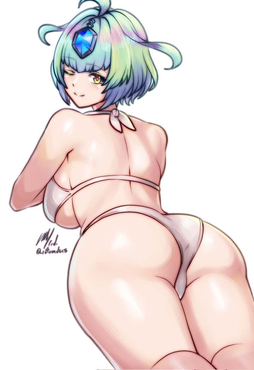 1girl ;) ass back bare_shoulders bikini breasts closed_mouth commentary english_commentary fire_emblem fire_emblem_heroes gradient_hair green_hair grey_hair highres looking_at_viewer looking_back multicolored_hair nintendo one_eye_closed purple_hair rotomdocs seidr_(fire_emblem) short_hair smile solo swimsuit twitter_username white_background white_bikini yellow_eyes