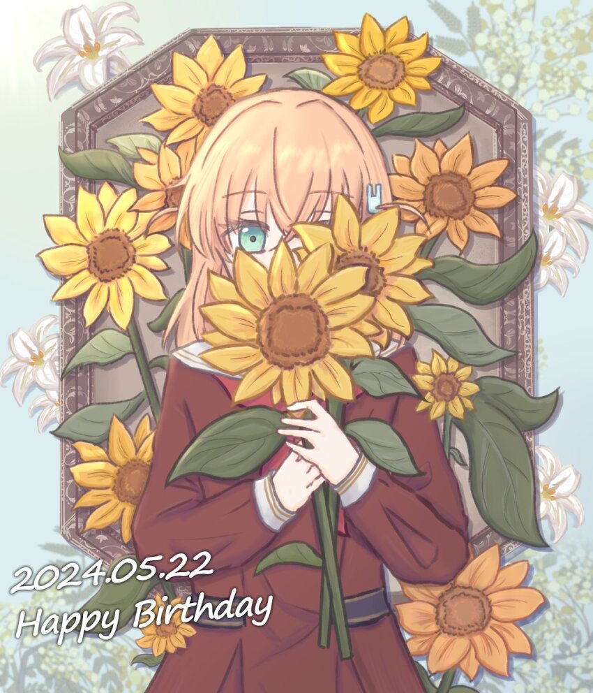 1girl aqua_eyes brown_dress commentary_request covered_face crossed_bangs dated dress flower hair_ornament happy_birthday hasu_no_sora_school_uniform highres hikari863126 hinoshita_kaho holding holding_flower lily_(flower) link!_like!_love_live! long_sleeves looking_at_viewer love_live! medium_hair neckerchief orange_hair pleated_dress rabbit_hair_ornament red_neckerchief sailor_collar sailor_dress school_uniform solo sunflower two_side_up upper_body virtual_youtuber white_flower white_sailor_collar winter_uniform yellow_flower
