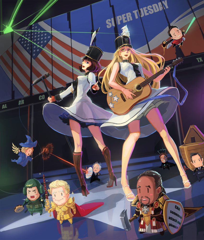 3girls 6+boys acoustic_guitar american_flag antennae armor astra_militarum bare_legs bare_shoulders beard ben_carson bernie_sanders black_cape black_hair blonde_hair blue_eyes blush boat boots brown_footwear cape chibi chris_christie claw_hammer cosplay dark_skin donald_trump donut dress dutch_angle ea_(fate) emperor_of_mankind emperor_of_mankind_(cosplay) english_text facial_hair fate/stay_night fate_(series) floating flying food formal_clothes full_body games_workshop gilgamesh_(fate) gilgamesh_(fate)_(cosplay) guitar hammer hat helmet high_heel_boots high_heels highres hillary_clinton instrument john_kasich kantai_collection lance layered_dress long_hair looking_at_viewer looking_back magic marco_rubio microphone microphone_stand multiple_boys multiple_girls music mustache noah&#039;s_ark old old_man pacific_(kancolle) parody playing_instrument polearm real_life red_cape red_eyes shako_cap shield sima_naoteng smile staff standing suit super_tuesday ted_cruz terminator_(series) the_terminator uniform uss_oklahoma_(bb-37) uss_tennessee_(bb-43) warcraft warhammer warhammer_40k watercraft weapon white_footwear witch_hat world_of_warcraft yellow_eyes