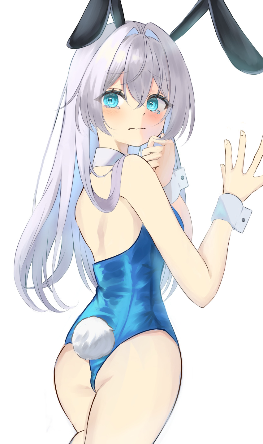 1girl absurdres animal_ears ass bare_arms bare_legs bare_shoulders blue_eyes blue_leotard blush breasts closed_mouth collar commentary commission cowboy_shot crossed_bangs detached_collar double-parted_bangs embarrassed fake_animal_ears fake_tail fingernails from_behind frown furrowed_brow grey_hair hair_between_eyes hair_intakes hand_on_own_chin hands_up highres leotard long_hair looking_at_viewer looking_back medium_breasts nanase_sato original playboy_bunny rabbit_ears rabbit_tail simple_background solo tail tearing_up tears thighs white_background white_collar white_wrist_cuffs wrist_cuffs