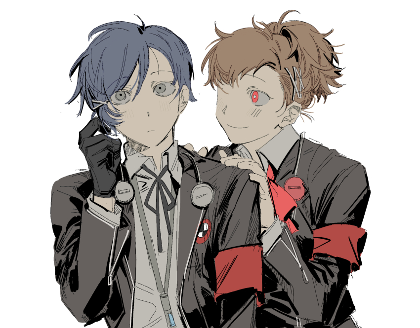 192_saioma 1boy 1girl armband black_gloves blue_hair brown_hair collared_shirt digital_media_player digital_walkman facing_viewer gekkoukan_high_school_uniform gloves grey_eyes hair_ornament hairpin headphones headphones_around_neck highres jacket looking_at_another open_clothes open_jacket persona persona_3 persona_3_portable ponytail red_eyes s.e.e.s school_uniform shiomi_kotone shirt short_hair sketch smile upper_body walkman_nw-s203f white_background white_shirt yuuki_makoto_(persona_3)