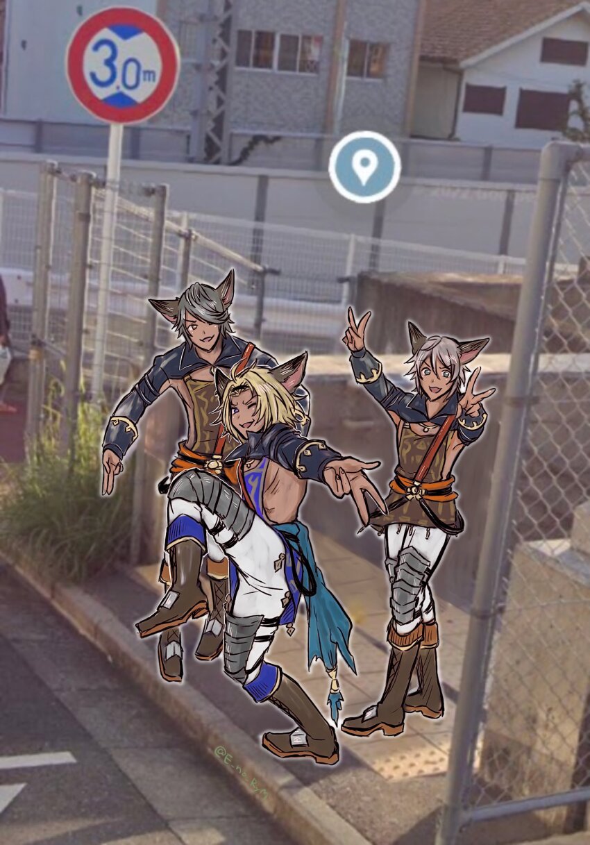 3boys backless_outfit chain-link_fence clothes_in_front double_v elsam_(granblue_fantasy) erune facial_hair fence goatee google_maps google_street_view granblue_fantasy high_school_girls_posing_for_google_street_view_(meme) highres lowain_(granblue_fantasy) meme multiple_boys one_eye_closed photo_background rin_kamisaki_(rym) road_sign sidewalk sign tomoi_(granblue_fantasy) v