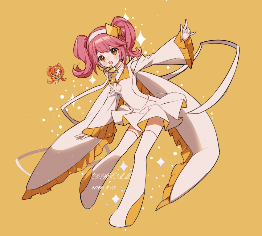 2girls amulet_dia dia_(shugo_chara!) diamond_hair_ornament dream_han dress full_body hairband headset highres hinamori_amu long_hair long_sleeves multiple_girls open_mouth orange_background orange_eyes pink_hair shugo_chara! smile thighhighs twintails white_dress white_footwear white_hairband