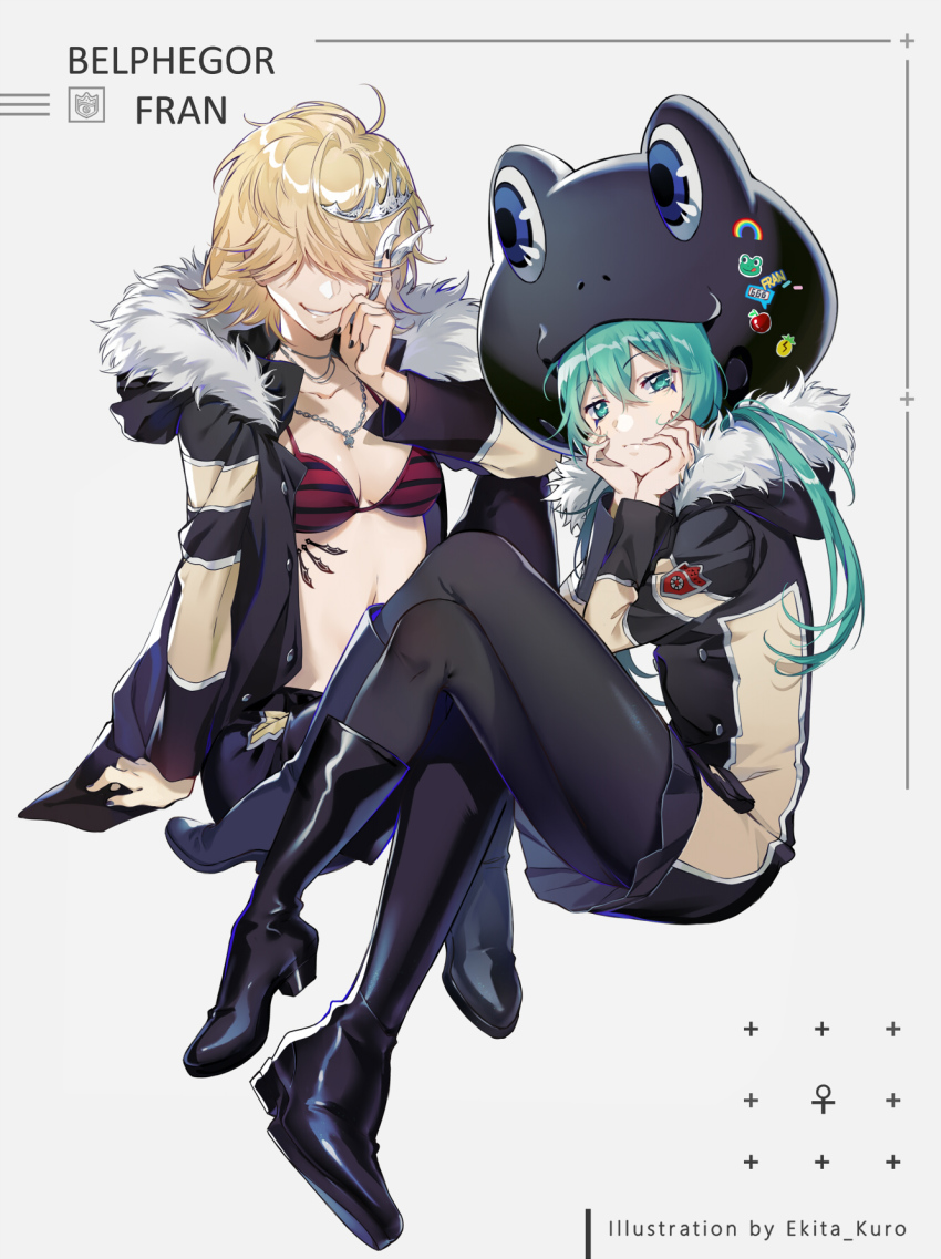 2girls belphegor_(reborn) blonde_hair closed_mouth crown ekita_kuro fran_(reborn) genderswap genderswap_(mtf) grin hair_over_eyes highres katekyo_hitman_reborn! long_hair looking_at_viewer multiple_girls nail_polish shirt short_hair simple_background smile striped_clothes striped_shirt tiara varia weapon