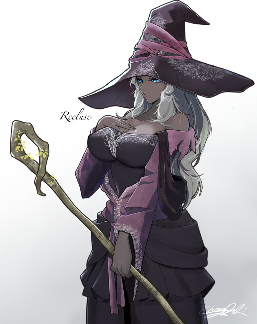 1girl alternate_skin_color bare_shoulders black_dress blue_eyes breasts cheongdal cleavage dark-skinned_female dark_skin dress elden_ring elden_ring_nightreign english_text hat highres holding large_hat long_hair purple_hat recluse_(elden_ring) simple_background solo white_hair witch witch_hat