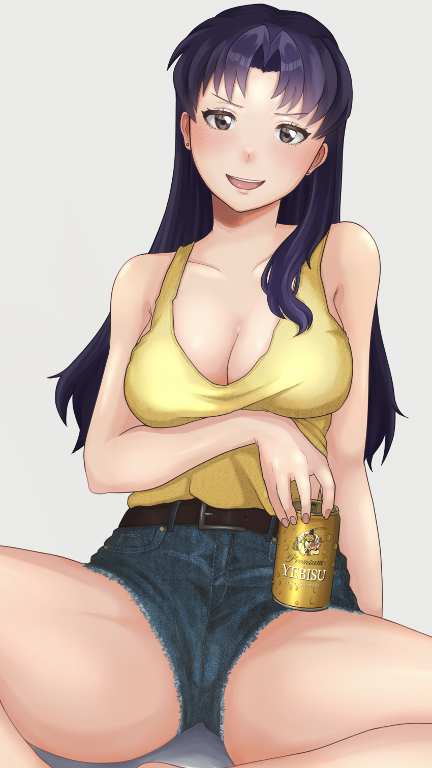 1girl absurdres arm_support arms_under_breasts artist_request ass bare_legs bare_shoulders barefoot beer_can breasts can denim denim_shorts drink_can earrings hanging_breasts highres holding holding_can huge_ass jewelry katsuragi_misato long_hair makeup medium_breasts neon_genesis_evangelion no_bra open_mouth purple_hair shiny_skin shirt short_shorts shorts sitting smile spread_legs white_background wide_hips yebisu yellow_shirt
