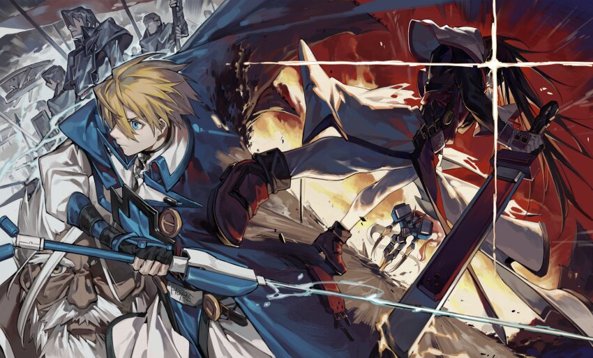 1girl 3boys absurdres blonde_hair blue_eyes brown_hair cape electricity english_text fireseal guilty_gear guilty_gear_xx highres holding holding_sword holding_weapon justice_(guilty_gear) kliff_undersn ky_kiske long_hair multiple_boys multiple_views onigiri_post_0 order-sol short_hair sol_badguy sword thunderseal weapon