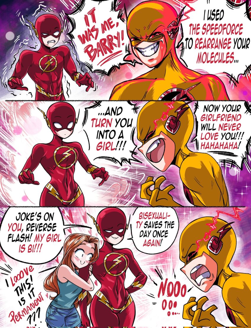2boys 2girls bisexual_female blush bodysuit breasts brown_hair commentary corrupted_twitter_file dc_comics english_commentary english_text evil_smile genderswap genderswap_(mtf) grs- half-closed_eye highres it_was_me_barry_(meme) long_hair meme multiple_boys multiple_girls open_mouth original parted_lips raised_eyebrow red_bodysuit reverse_flash smile teeth the_flash upper_teeth_only yellow_bodysuit yuri
