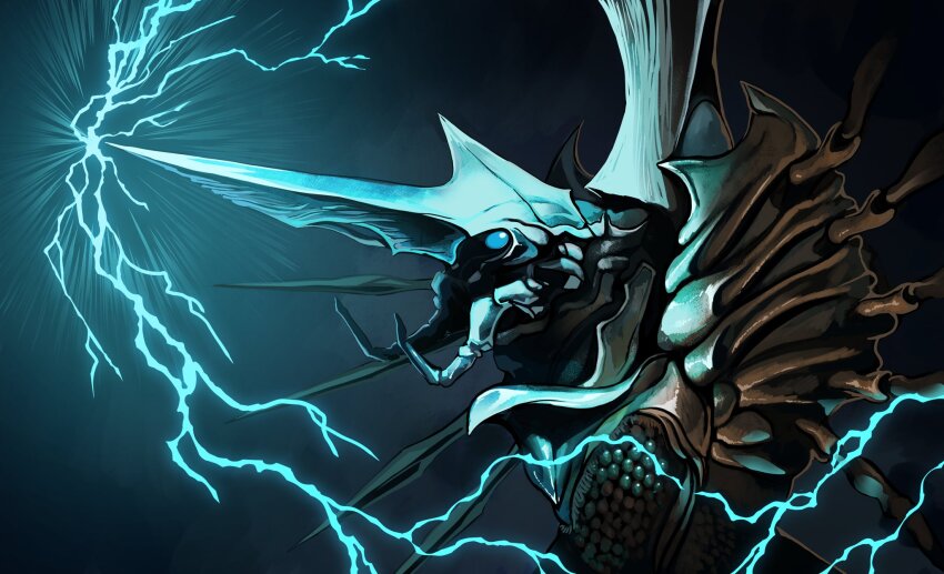 alex_alcanter alien blue_electricity blue_eyes bug daiei_film electricity energy gamera_(series) gamera_2:_attack_of_legion giant giant_monster glowing glowing_eyes highres kaiju legion_(gamera) monster night no_humans no_pupils space_monster
